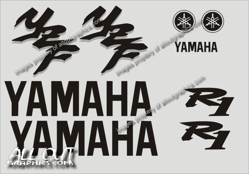 R1 decal kit #4 layout: two Yamaha, two R1, two YZF, two tuning fork logos and a small Yamaha decal
